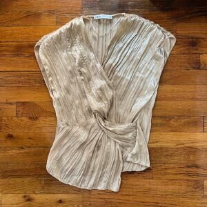ZARA Women's Gold Metallic Crinkle Top Asymmetrical Blouse Small